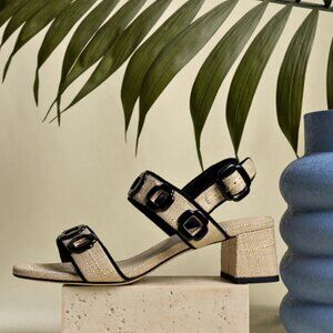 Larroudé Milan Sandal In Beige Raffia and Black Trimming